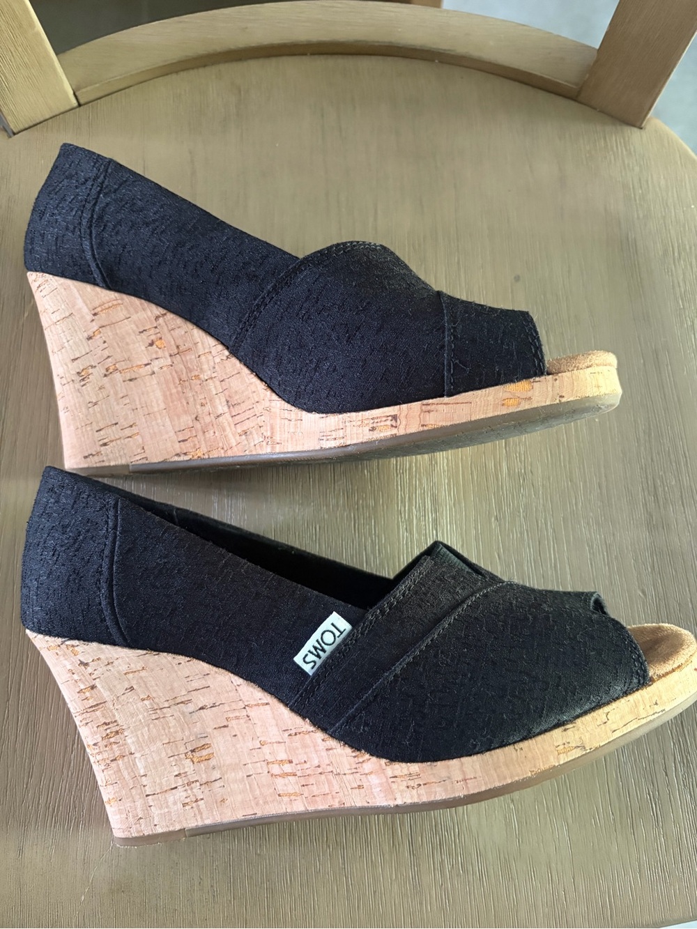 TOMS Black Fabric Cork Wedge Peep-Toe Wedges 8